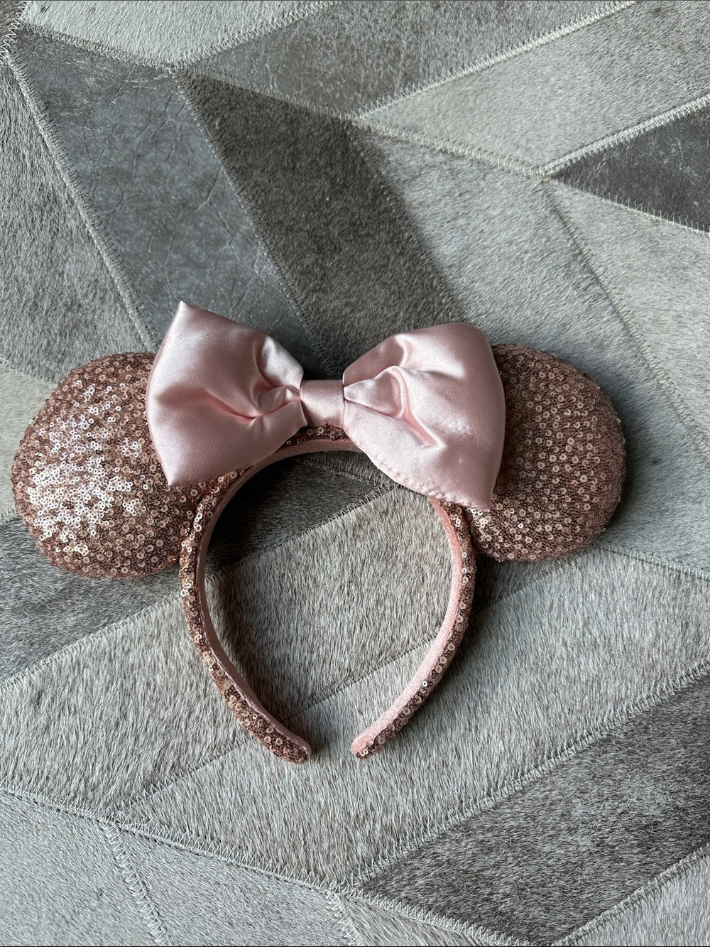 Disney Rose Gold Sequin Minnie Ears Headband with Satin Bow